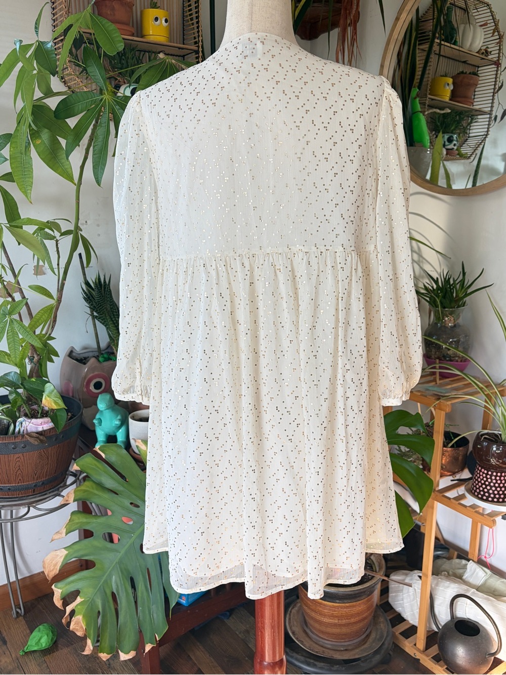 Aritzia Sunday Best Gold Foil Dot Mini Babydoll Dress Small V-Neck Boho Holiday - Picture 4 of 11